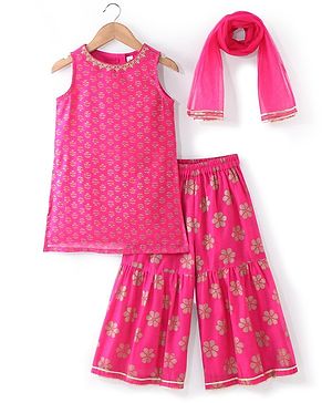 Babyhug Woven Sleeveless Brocade  Kurti Palazzo and Dupatta Set -Fuschia