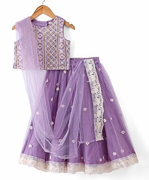 Babyhug Cotton Knit Sleeveless Embroidered Choli With Embroidered Net Lehenga And Dupatta Set - Lavender