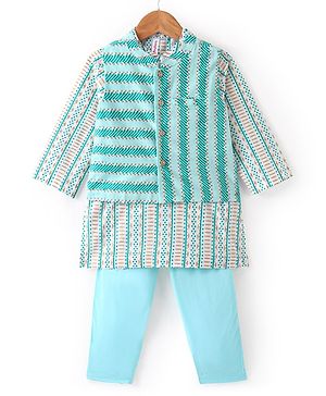 Babyhug 100% Cotton Woven Full Sleeves Kurta & Pyjama Set With Striped Jacket - Blue