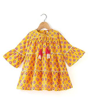 Babyhug 100% Cotton Knit Three Fourth Sleeves Ethnic Dress With Floral Print - Yellow