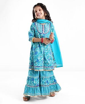Babyhug Three Fourth Sleeves Printed Kurti Sharara and Dupatta Set with Floral Print - Blue