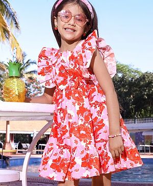 Babyhug 100% Cotton Knit Sleeveless Frock With Floral Print - Pink & Red