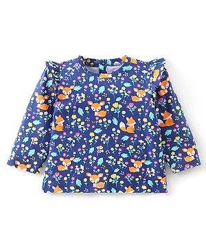 Babyhug Cotton Knit Full Sleeves Tee With Deer & Floral Print & Frill Detailing- Navy Blue