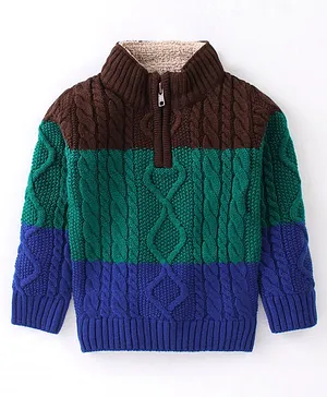 Yellow Apple Acrylic Knit Full Sleeves Pullover Sweater Color Block - Blue