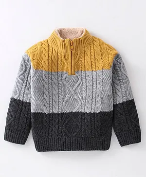 Yellow Apple Acrylic Knit Full Sleeves Pullover Colour Block Sweater with Cable Knit Design - Grey