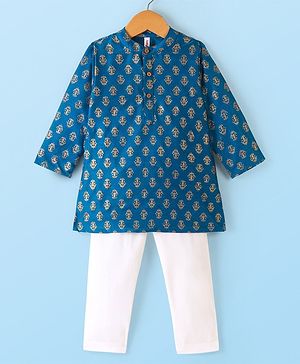 Babyhug 100% Cotton Woven Full Sleeves Kurta & Pyjama Set With Floral Print - Navy Blue