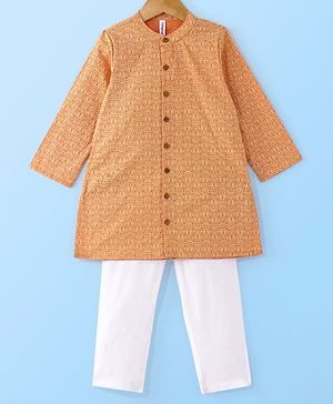 Babyhug 100% Cotton Full Sleeves Kolka Printed Kurta Pyjama Set -Peach