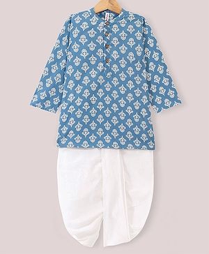 Babyhug 100% Cotton Full Sleeves Kurta With Dhoti Set With Floral Print - White & Blue