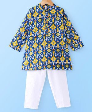 Babyhug 100% Cotton Full Sleeves Kolka Printed Kurta Pyjama Set - Blue