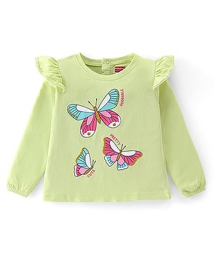 Babyhug 100% Cotton Knit Full Sleeves Top with Butterfly Print & Frill Detailing -Lime Green