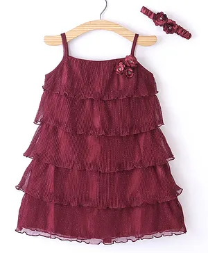 Enfance Sleeveless Flower Applique Detailed Shimmer Layered Dress With Headband - Maroon