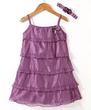 Enfance Sleeveless Flower Applique Detailed Shimmer Layered Dress With Headband - Purple