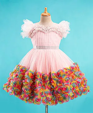 Enfance Frill Cap Sleeves Stone Embellished & Ruffle Detailed Fit & Flare Rosette Dress - Peach
