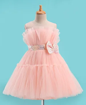 Enfance Sleeveless Ruffle Detailed Sequin Band And Bow Embellished Fit & Flare Dress - Peach