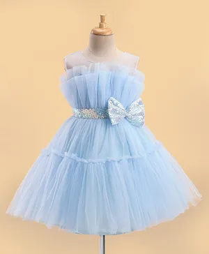 Enfance Sleeveless Ruffle Detailed Sequin Band And Bow Embellished Fit & Flare Dress - Ferozi Blue