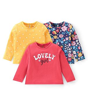 Babyhug 100% Cotton Knit Full Sleeves T-Shirt With Floral Graphics Pack Of 3 - Multicolour