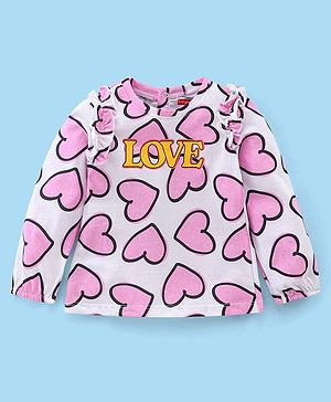 Babyhug Cotton Knit Full Sleeves Heart Print T-Shirt with Frill Detaililng- White & Pink