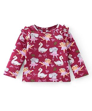 Babyhug 100% Cotton Knit Full Sleeves T-Shirt with Bunny Graphics & Frill Detailing - Maroon
