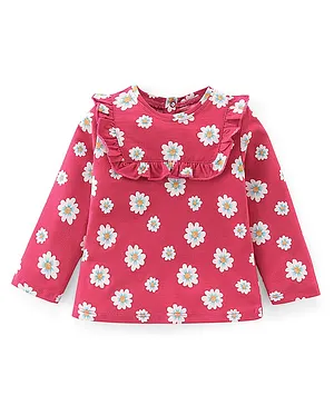 Babyhug 100% Cotton Knit Full Sleeves Floral Printed Top with Frill Detailing - Red