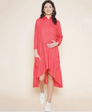 Mine4Nine Full Sleeves Solid High Low Shirt Style  Maternity & Nursing Dress -  Orange
