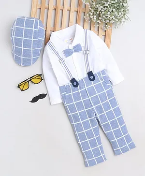 BUMZEE Full Sleeves Solid Shirt With Graph Checked Pant Set With Suspender & Cap - Sky Blue & White
