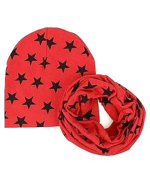 Ziory Set Of 2 Soft Cotton Star Printed Winter Warm Beanie Scarf & Infant Cap - Red
