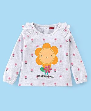 Babyhug Cotton Knit Full Sleeves Embroidered Tee With Frill Detailing & Floral Graphics- White Melange