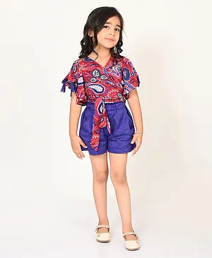 Lil Drama Half Sleeves Paisley Printed Front Tie Up Top With Solid Shorts - Purple