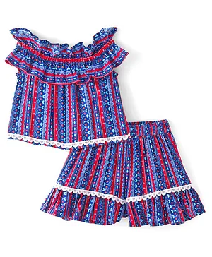 Lil Drama  Off Shoulder Striped Design & Lace Embellished  Crop Top With Shorts -  Blue