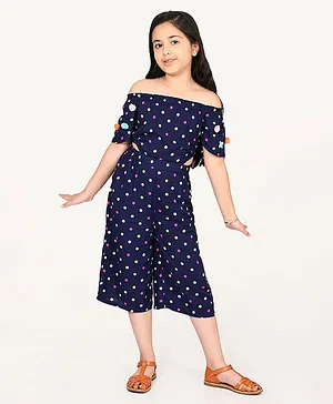 Lil Drama Off Shoulder Sleeves Polka Dot Printed  With Pom Pom Jumpsuit - Blue