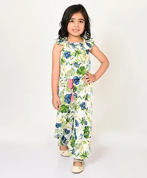 Lil Drama Sleeveless Ruffle Neck Line Detailed Floral Printed Crop Top With Co Ordinating Pant - Green