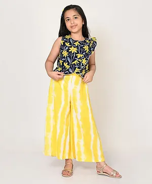 Lil Drama Sleeveless Floral Printed Overlap Ruffle Crop Top With Tie Dye Styled Palazzo   Co Ord Set - Yellow