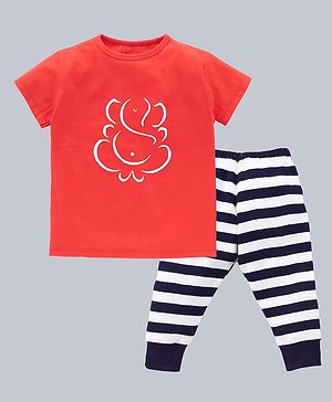 Kadam Baby Ganesh Chaturthi Theme Half Sleeves Ganpati Printed Tee With Striped Pajama - Red