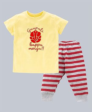 Kadam Baby Ganesh Chaturthi Theme Half Sleeves Ganpati Bappa Morya Printed Tee With Striped Pajama - Yellow