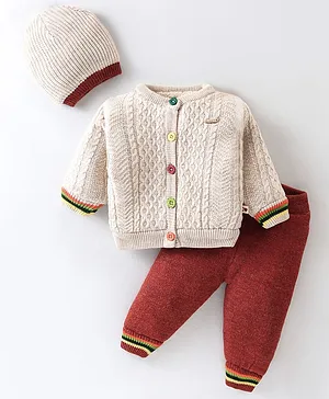 Yellow Apple Acrylic Knit Full Sleeves Sweater Set with Cap Cable Knit Design - Beige & Brown