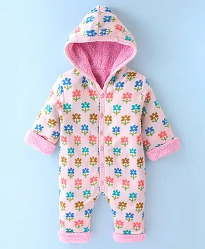 Yellow Apple Knit Full Sleeves Floral Design Winter Wear Hooded Romper - Pink