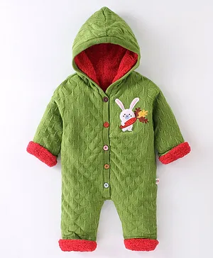 Yellow Apple Acrylic Knit Full Sleeves Bunny Embroidery Winter Wear Hooded Romper - Green