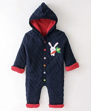 Yellow Apple Knitted Full Sleeves Bunny Embroidery Winter Wear Hooded Romper - Navy Blue
