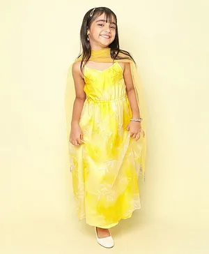 Taffy Sleeveless Tie Dye With Leaves  Embroidered Ethnic Gown With Dupatta - Yellow