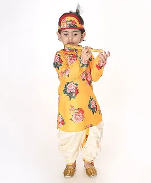 VASTRAMAY SISHU Boys Multicolor-Base-Yellow Cotton Blend Kurta And Dhoti Set-Multicolor-Base-Yellow