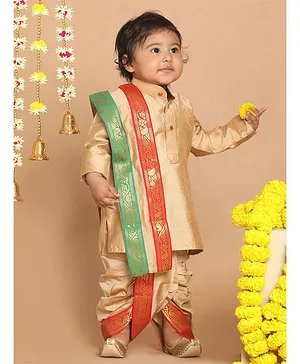VASTRAMAY SISHU Full Sleeves Solid K Kurta Dhoti And Foil Laced Printed Dupatta - Rose Gold