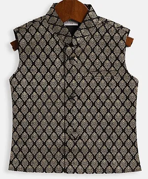 VASTRAMAY SISHU  Silk Sleeveless Damask Motif Printed Nehru Jacket - Black