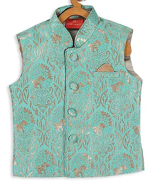 VASTRAMAY SISHU Silk Damask Motif Foil Printed Nehru Jacket - Green