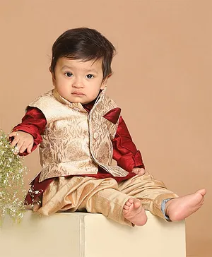 VASTRAMAY SISHU Full Sleeves Solid Kurta & Dhoti With Damask Motif Printed Nehru Jacket - Maroon & Rose Gold