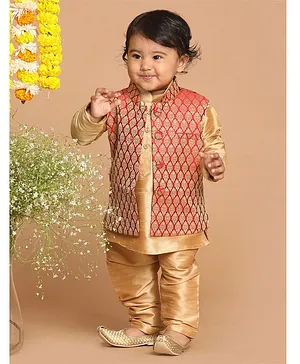 VASTRAMAY SISHU Full Sleeves Solid Kurta & Pyjama With Damask Motif Printed Nehru Jacket - Rose Gold & Maroon