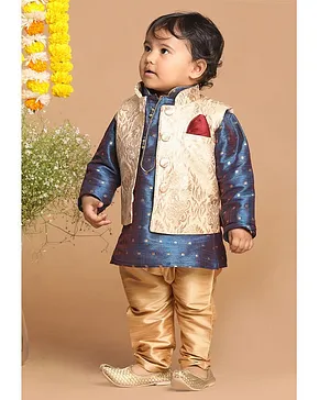 VASTRAMAY SISHU Full Sleeves Blocks Foil Printed Kurta & Pyjama With Damask Motif Printed Nehru Jacket - Blue & Rose Gold