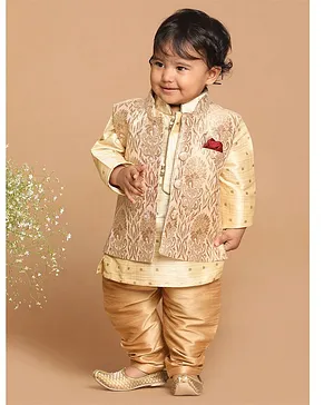 VASTRAMAY SISHU Full Sleeves Blocks Foil Printed Kurta & Pyjama With Damask Motif Printed Nehru Jacket - Golden