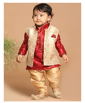 VASTRAMAY SISHU Full Sleeves Blocks Foil Printed Kurta & Pyjama With Damask Motif Printed Nehru Jacket - Maroon & Rose Gold