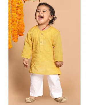 VASTRAMAY SISHU  Pure Handloom Cotton Full Sleeves Solid Kurta &  Pyjama - Yellow & White