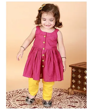 VASTRAMAY SISHU Handloom Cotton Sleeveless Striped  Kurta & Pant - Purple & Yellow